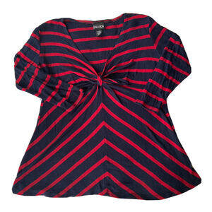 Baranda Sweater Sz L Knit Top Red Blue V Neck Front Twist Casual Work Womens